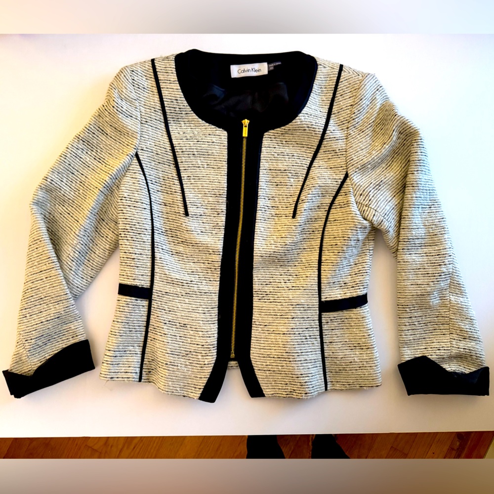 Calvin Klein Zip Blazer Jacket Boucle Tweed Sz 10 Office Siren